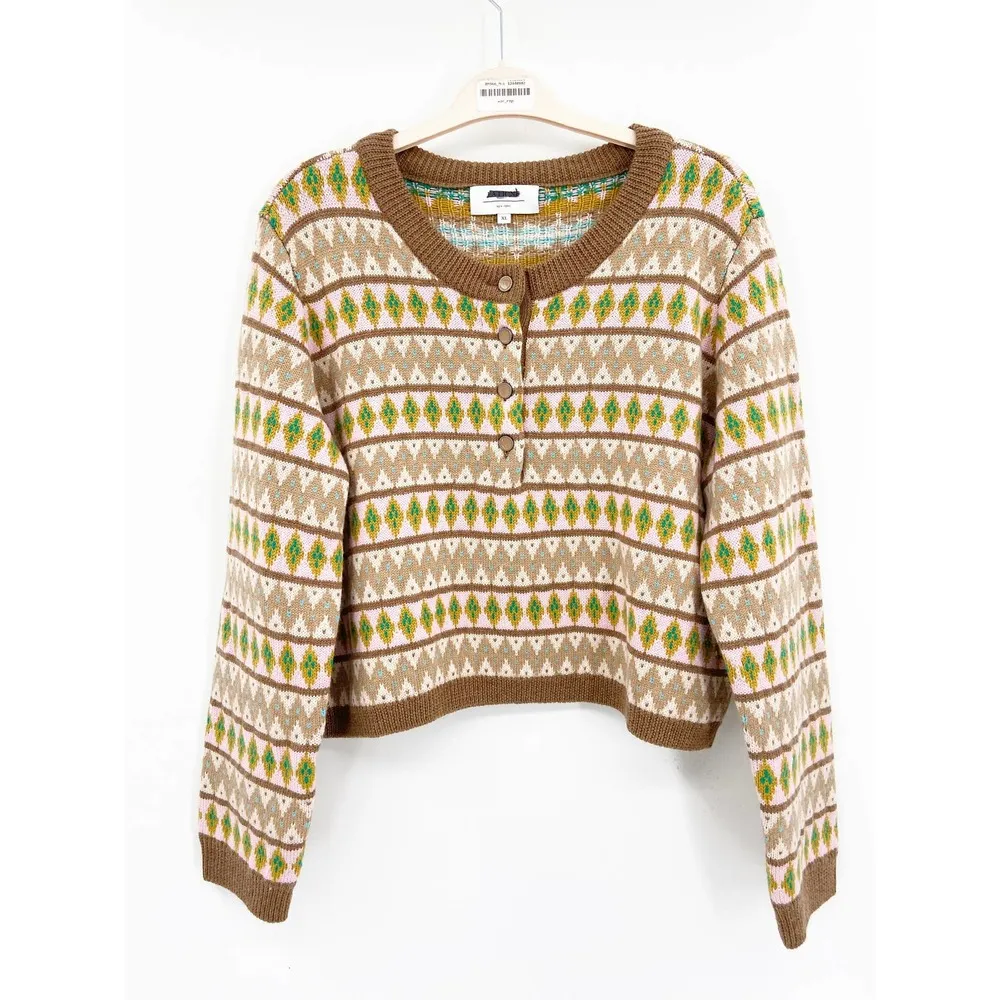 La Ligne Fair Isle Merino Wool Tan Henley Crewneck Pullover Sweater Size XL - Image 48