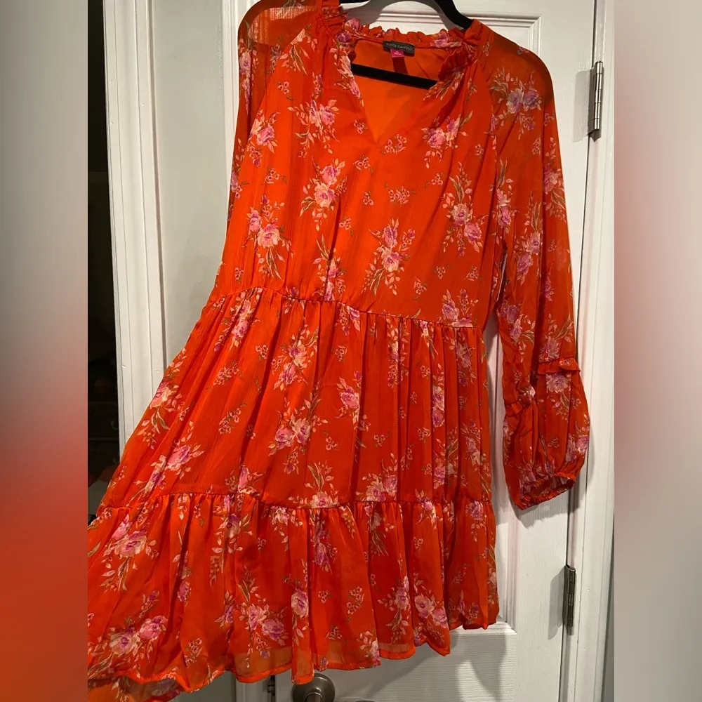 NWT Vince Camuto Size M Orange Floral Ruffle Flowy Long Sleeve Sheer Mini Dress - Image 5