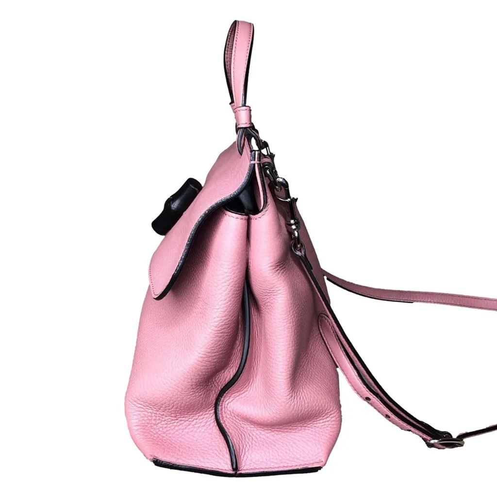 GUCCI Bamboo Turn-Lock Pink Leather Top Handle Front Flap Closure Shoulder Bag - Image 7