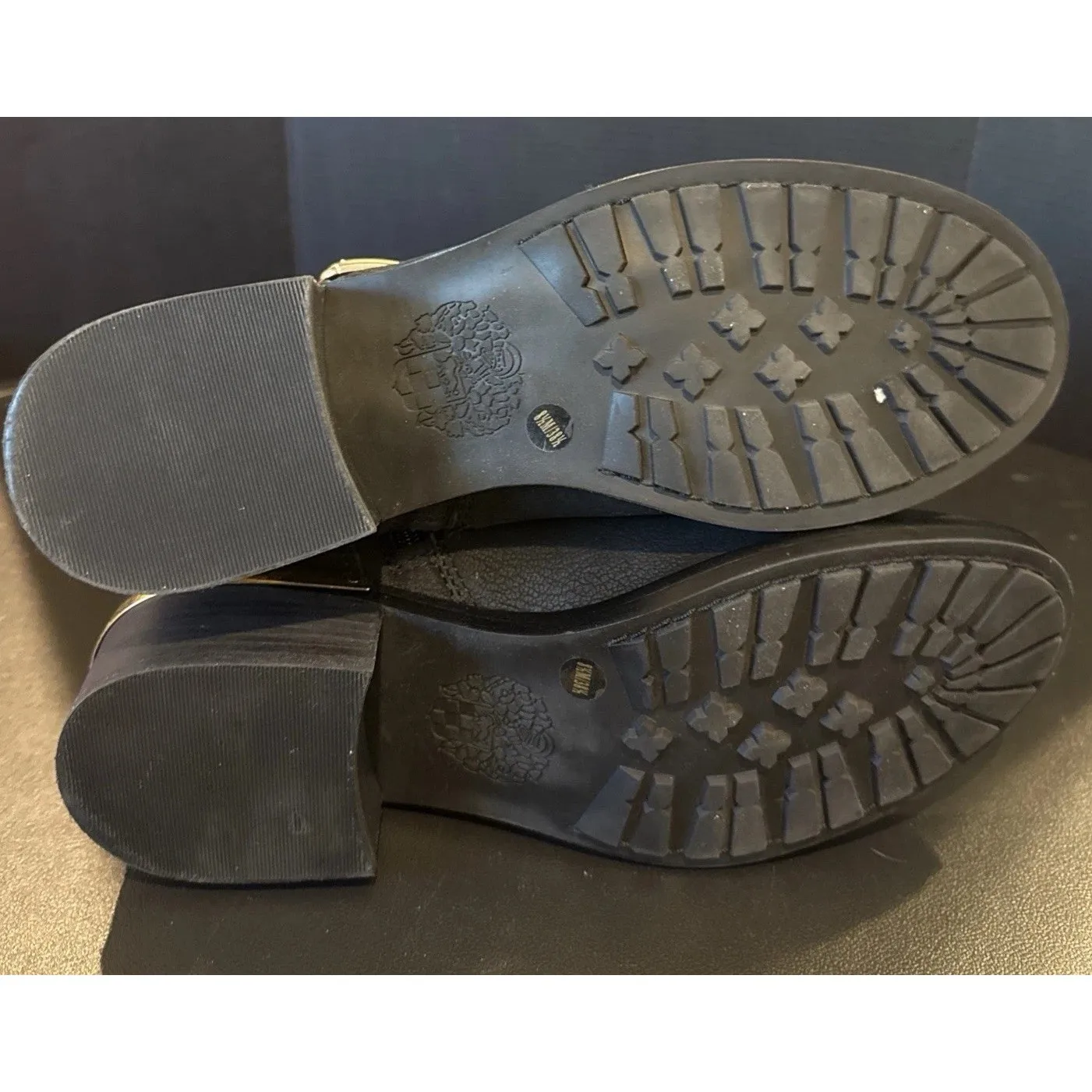 Vince Camuto Womens 8.5 Windy Moto Boots Black‎ Leather Gold Buckles Mid Calf - Image 7