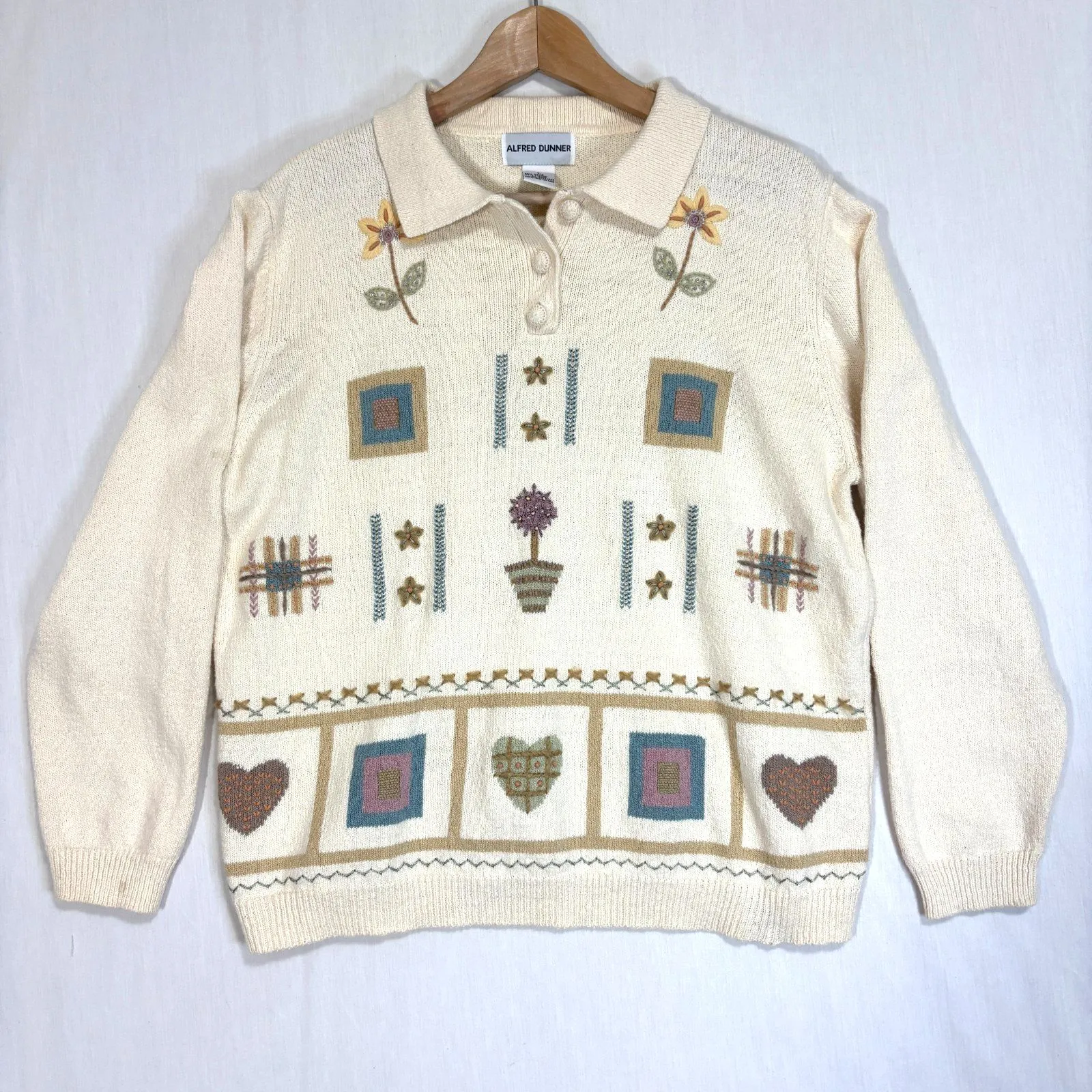 Vtg Alfred Dunner Sweater Womens Cream Floral Embroidered Cottage Grandma Sz L - Image 1