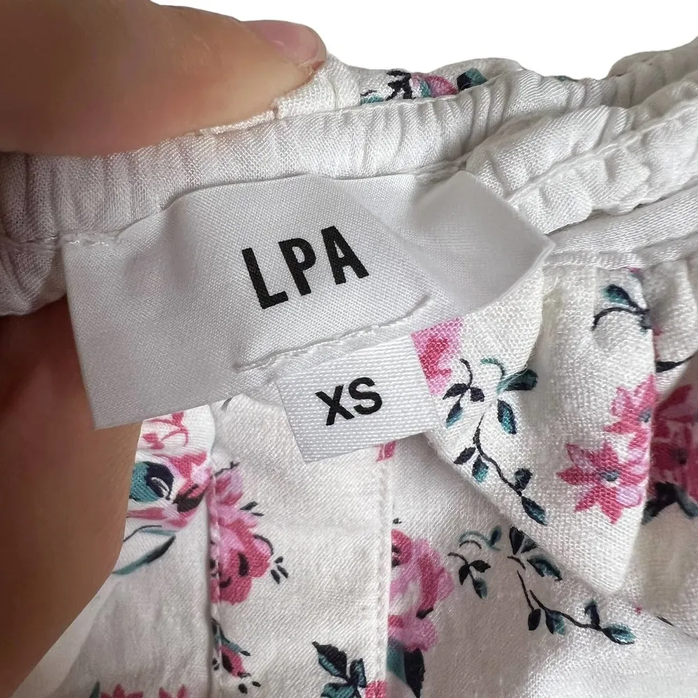 LPA White Floral Print Ruffled Off the Shoulder Linen Smocked Top Size XS - Image 9