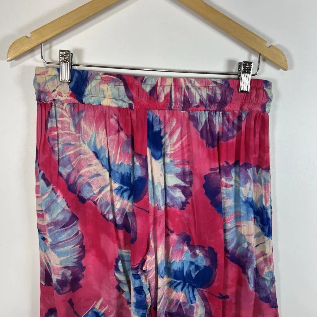 Lilka Small Cropped Pants Tropical Palm Leaf Print Bright Pink Blue Wide‎ Leg - Image 7