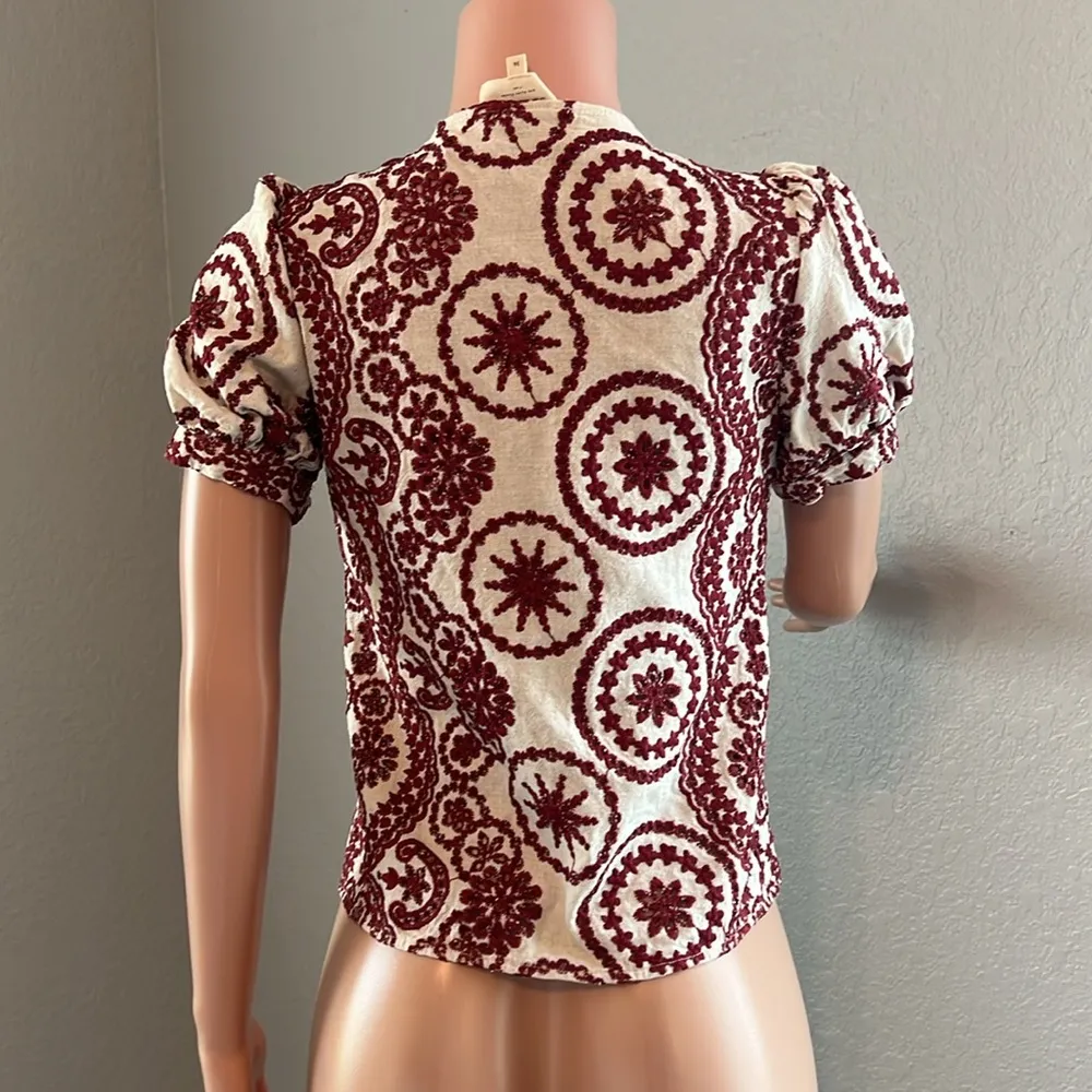 SEZANE BURGUNDY Embroidered Buttons DOWN Shirt PUFFED Sleeve TOP Sz 36 LULA #181 - Image 4