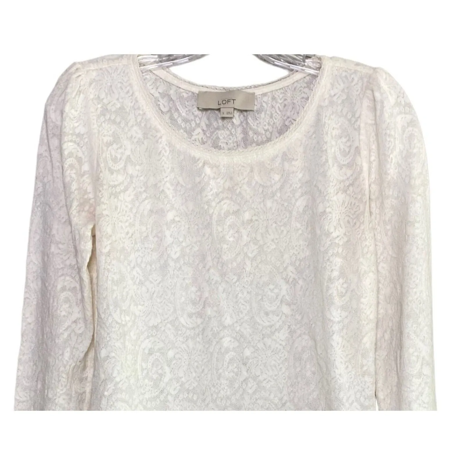 Ann Taylor LOFT Floral Laced Long Sleeve Top Stretch Small Ivory White #4258 - Image 2