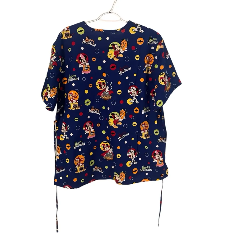 Disney Halloween Scrub Top Shirt XL Blue‎ Mickey Minnie Donald Duck Halloween - Image 4