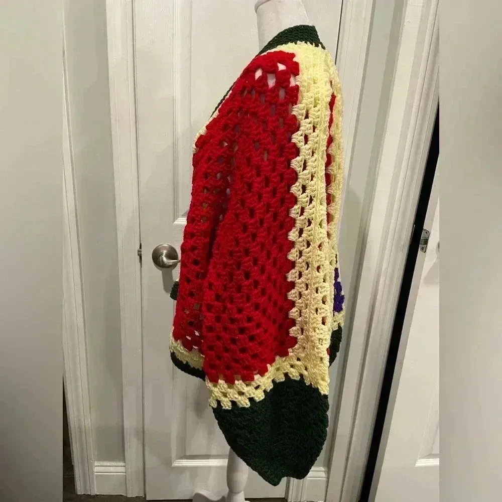 Handmade Crochet Oversized Hexagon Granny Square Open Front Cardigan Sweater OS - Image 3