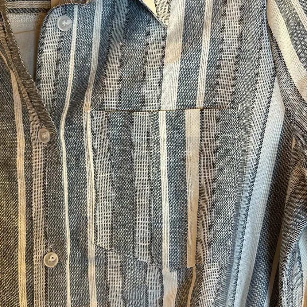 Fate Blue & White Striped Linen/Cotton Button Front Dress w/ Pockets & Tie Waist - Image 4