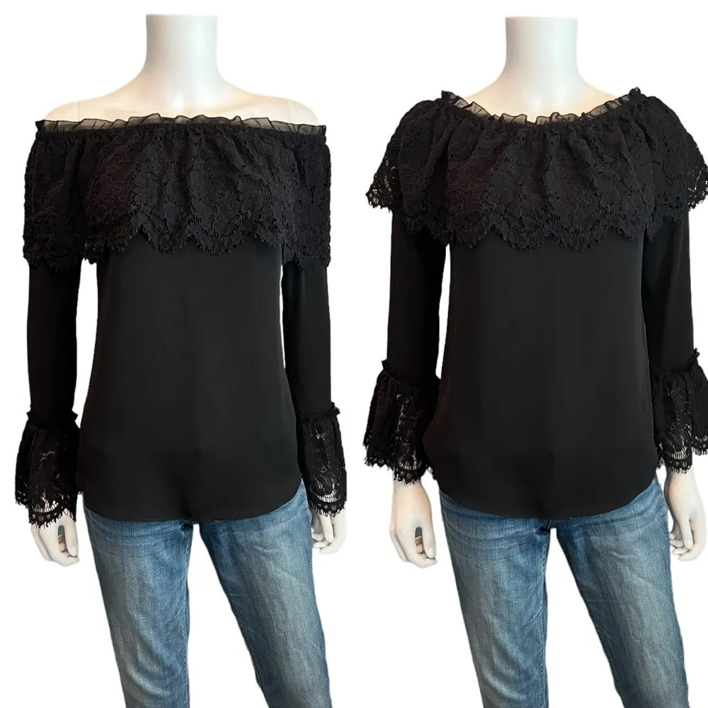 White House Black Market Black Lace Off Shoulder Boho Whimsygoth Top Small - Image 4