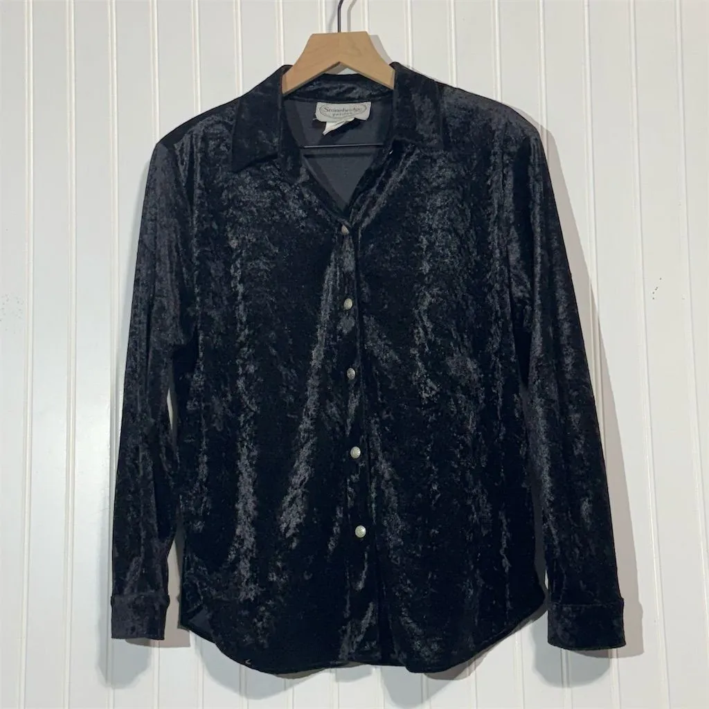 Stonebridge Petites Black Crushed Velvet Button Shirt PM Medium Y2K Witchy Goth Size undefined - Image 2