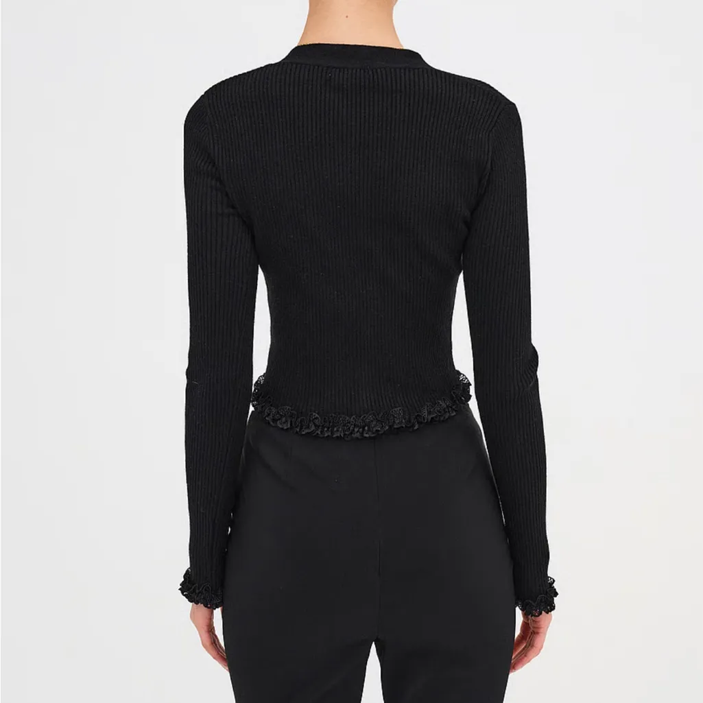 For Love & Lemons X Victoria’s Secret Nina Cardigan Ribbed Lace Trim Black Crop - Image 4