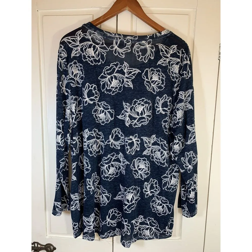 C&C California Top Women‎ Plus Sz 2XL XXL Floral Blue Burnout Shirt FLAW HOLE - Image 4