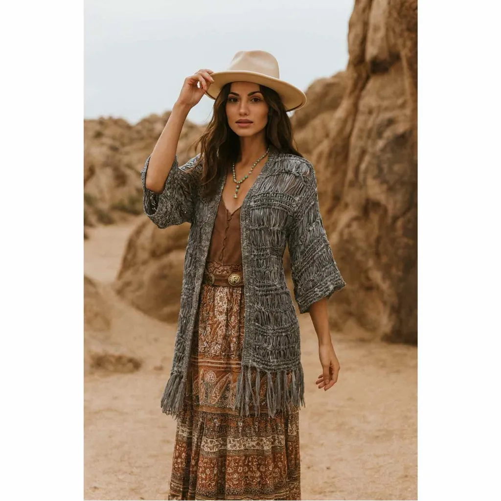 Chico's Boho Open Ribbon Yarn Knit Fringe Cardigan Sweater Denim Blue Small - Image 2