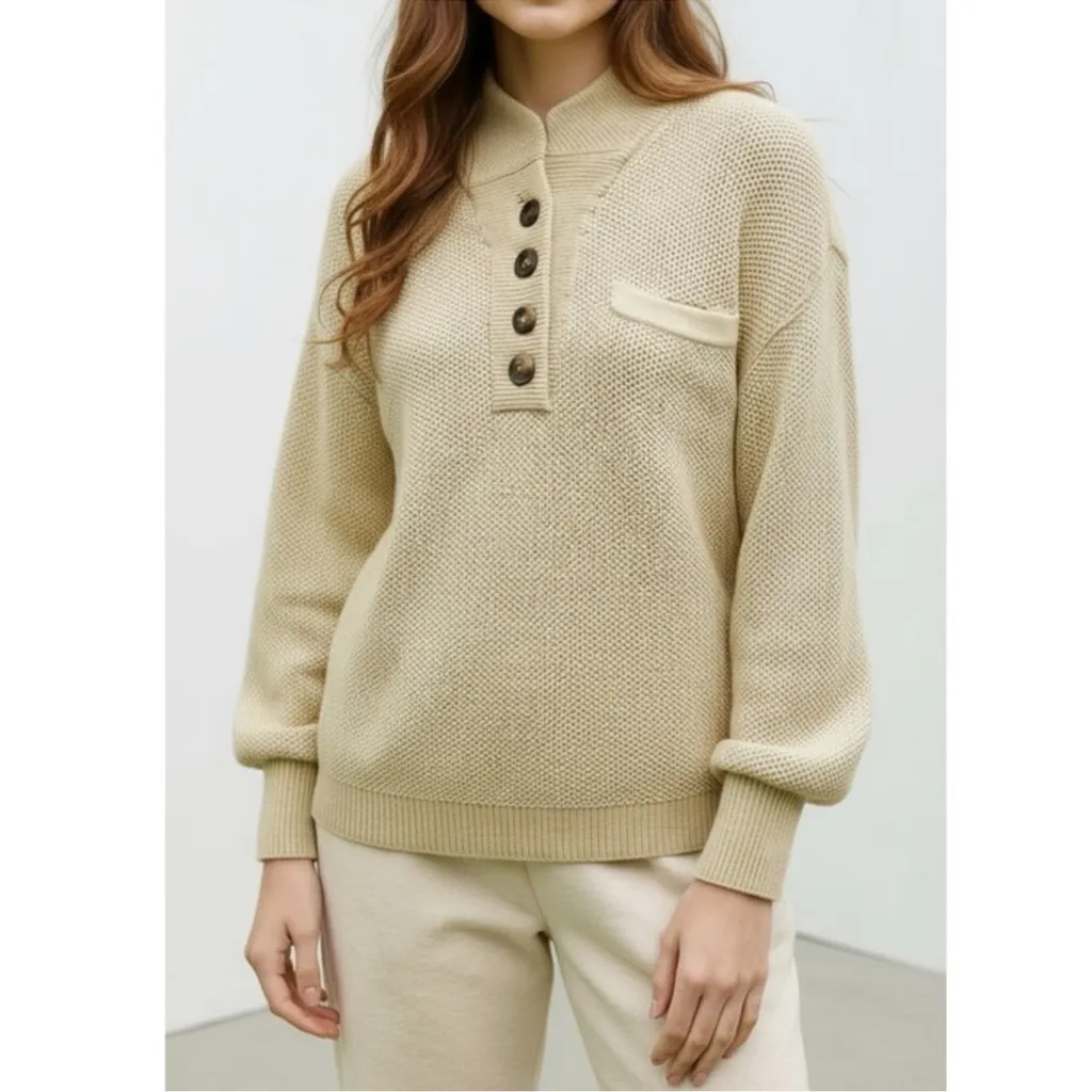 Lunya Cotton Silk Knit Henley Pullover Sweater Soft Green - Image 3