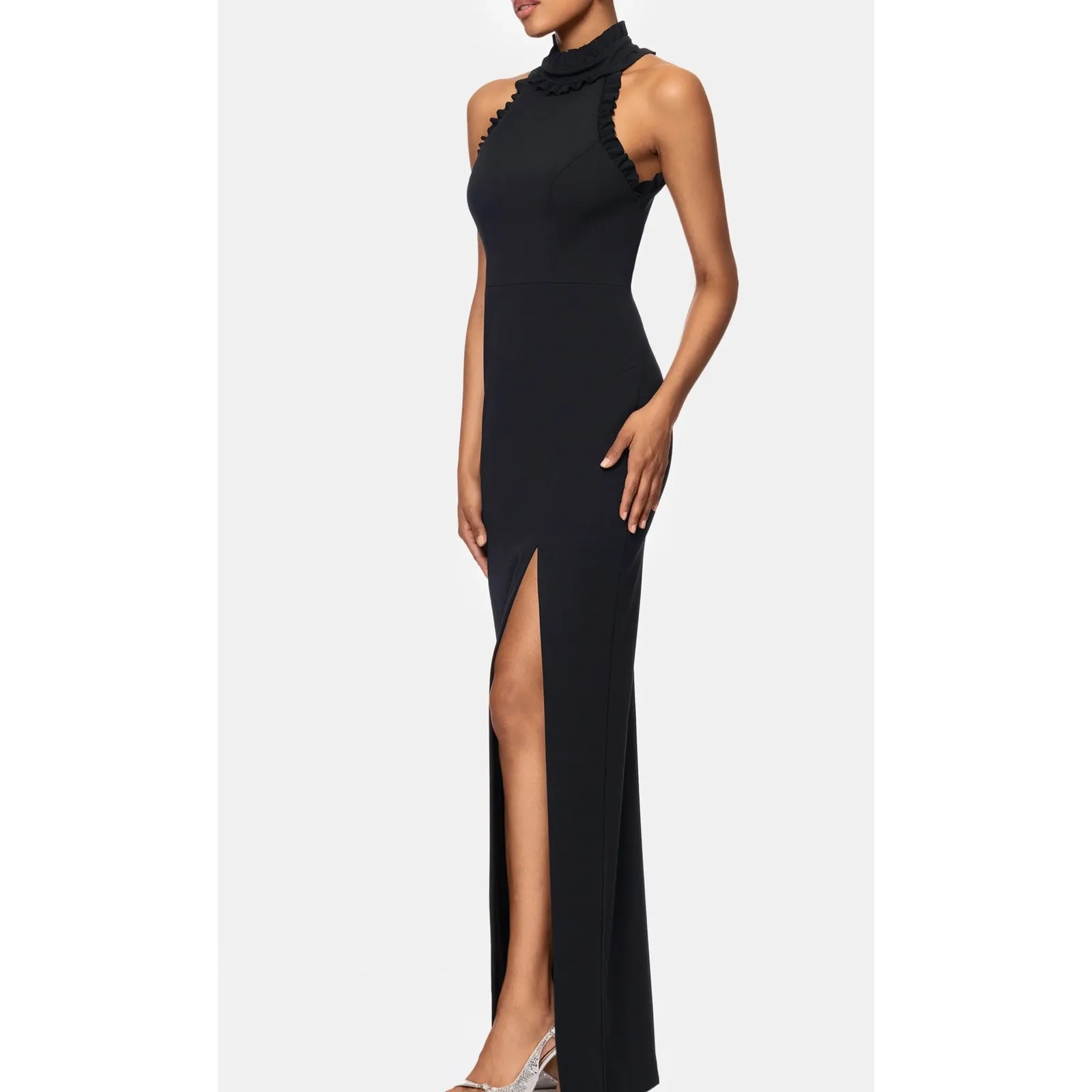 Xscape Black Halter Neck Ruffle High Slit Maxi Evening Gown Dress‎ Sz 12 - Image 3