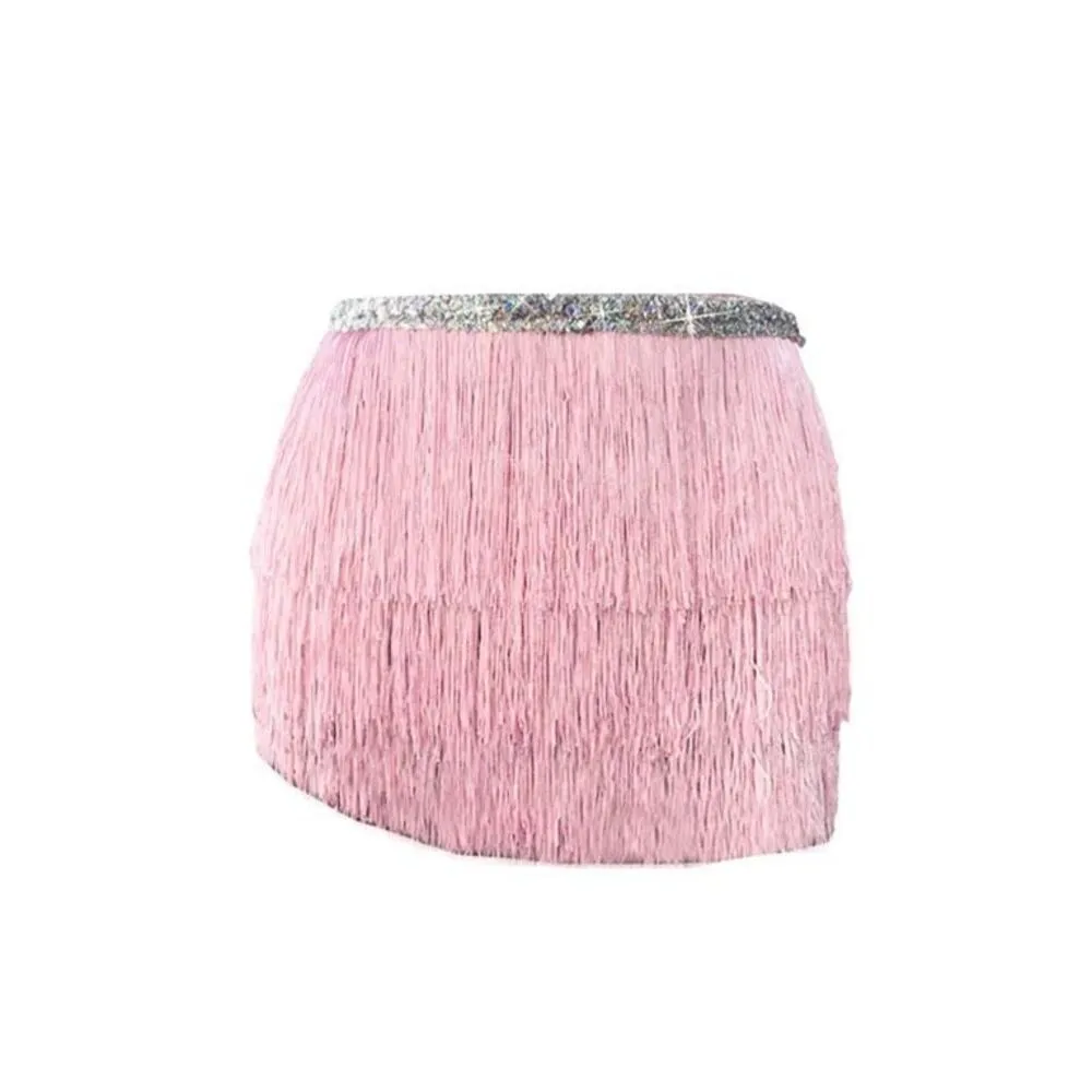 New Womens Fringe Tassel Embellished Tie Skirt Flapper Costume Coverup One Size Pink Size undefined - Image 3