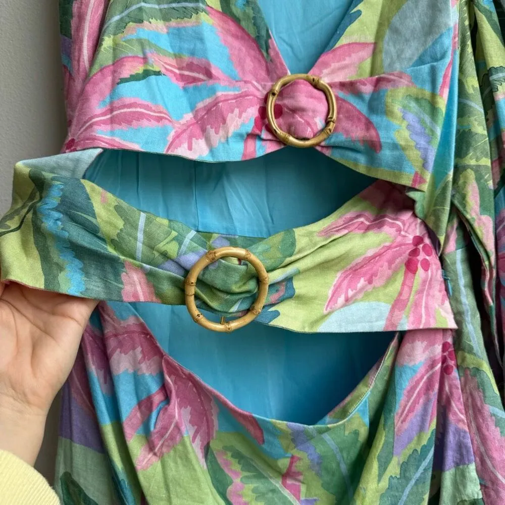 Farm Rio Dress Beach Vibe Mini Cut Out Size XL Balloon Sleeve Palm Tree Linen - Image 3