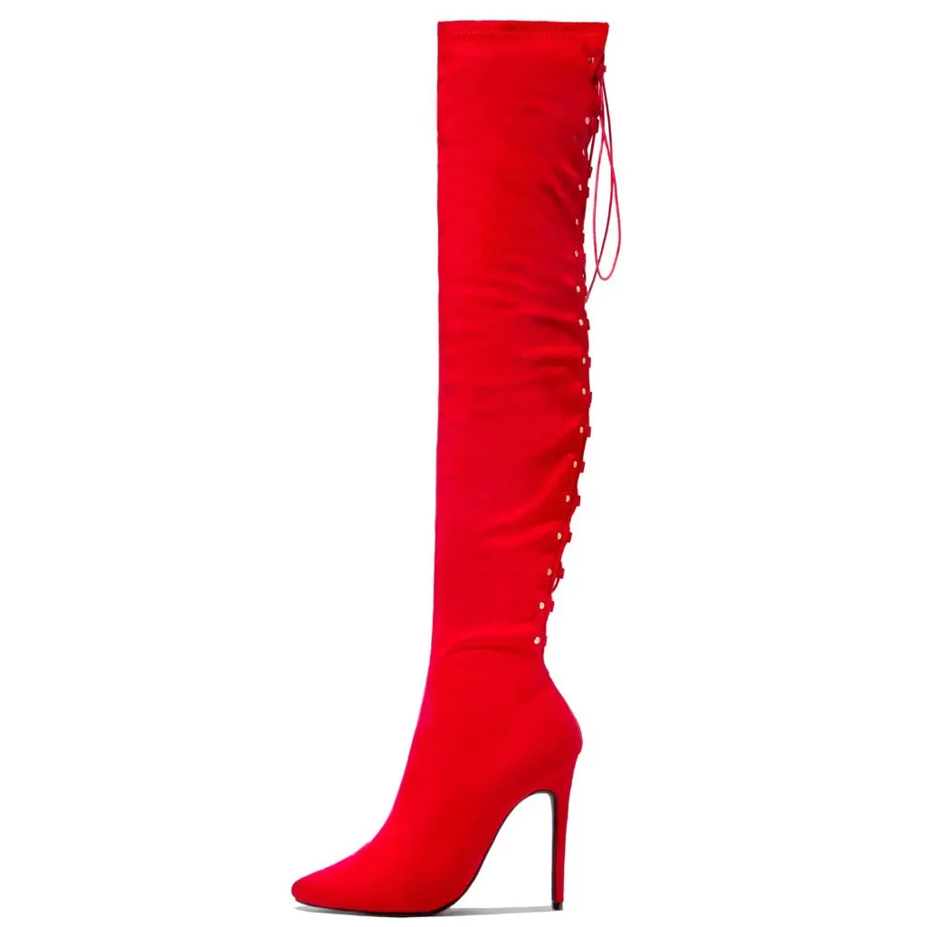 New Red Stretchy Over The Knee Thigh High Boot Gold Studded Stiletto High Heel - Image 7