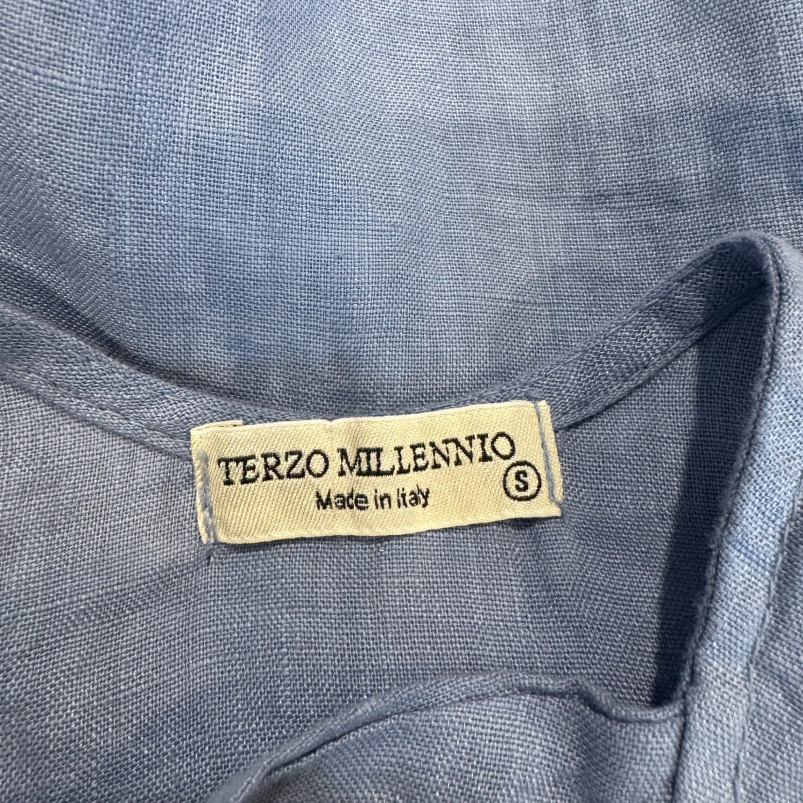 Terzo Millennio Linen Dress Blue Midi Sleeveless Bow Back Ruffle S Made in Italy - Image 10