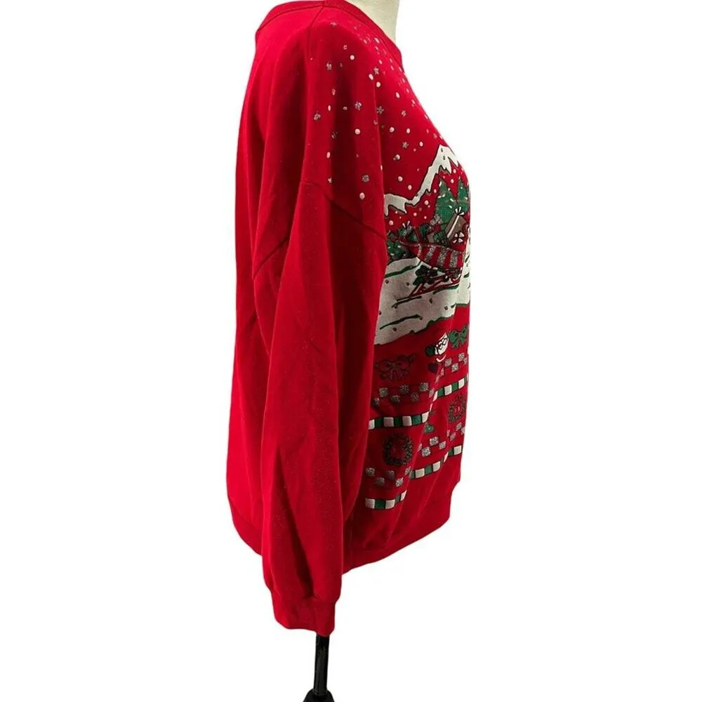 Vintage 90s Varsity Ugly Christmas Sweatshirt Santa Snowman Reindeer Unisex Larg Red Size L - Image 5