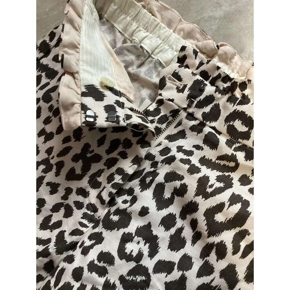 J. Crew Pants Brown Ivory Leopard Print Easy Linen Pull On Trousers 4 Ruffle - Image 4