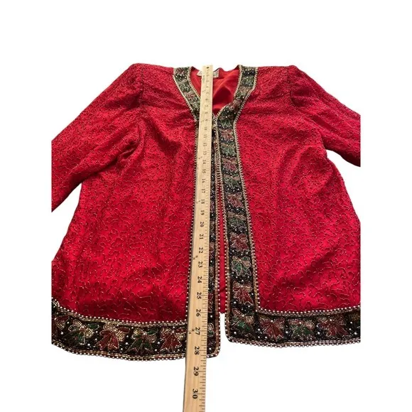 Laurence Kazar New York Red Beaded Silk Evening‎ Holiday Jacket XL - Image 4