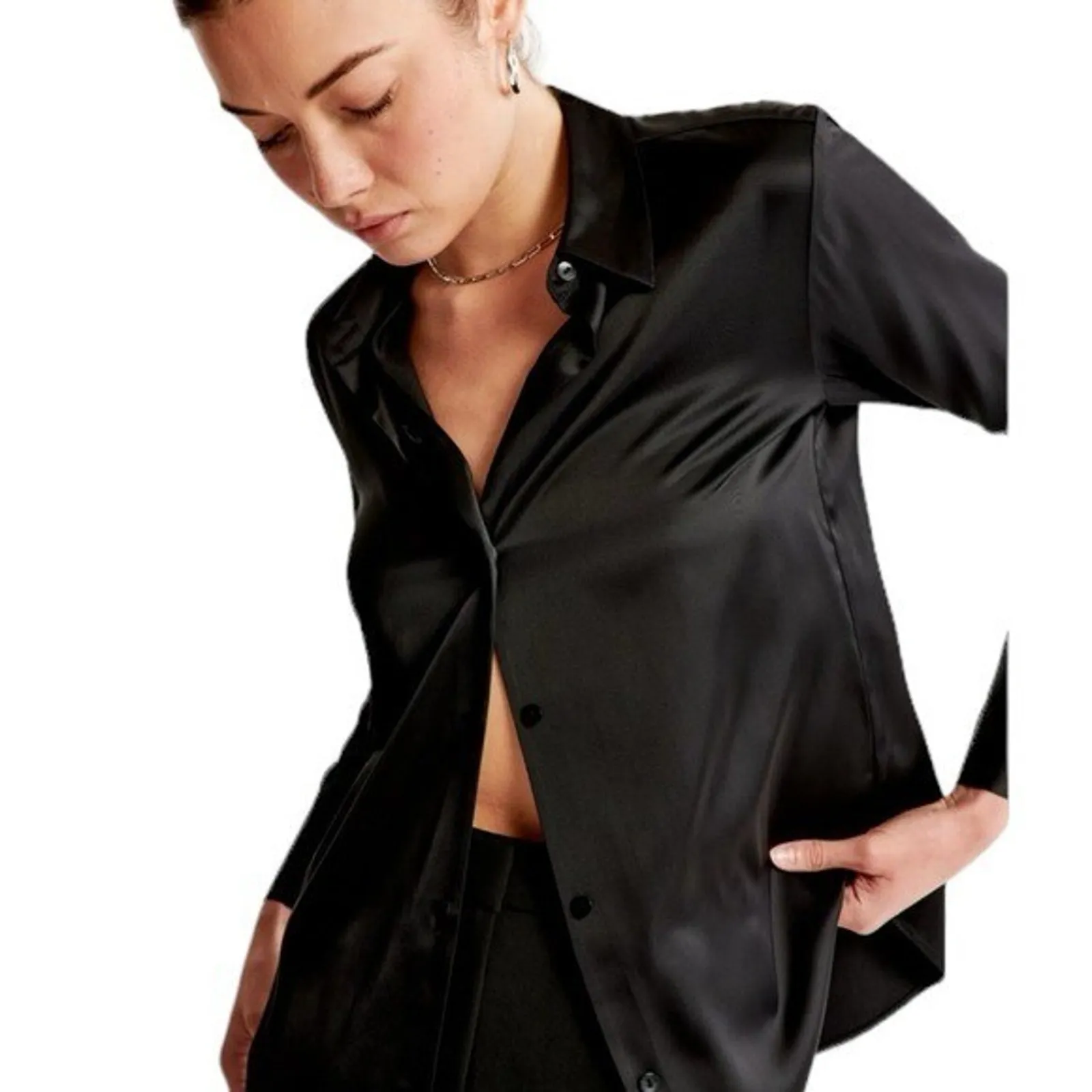 Abercrombie - Long-Sleeve Satin Button-Up Shirt Sz M - Image 3