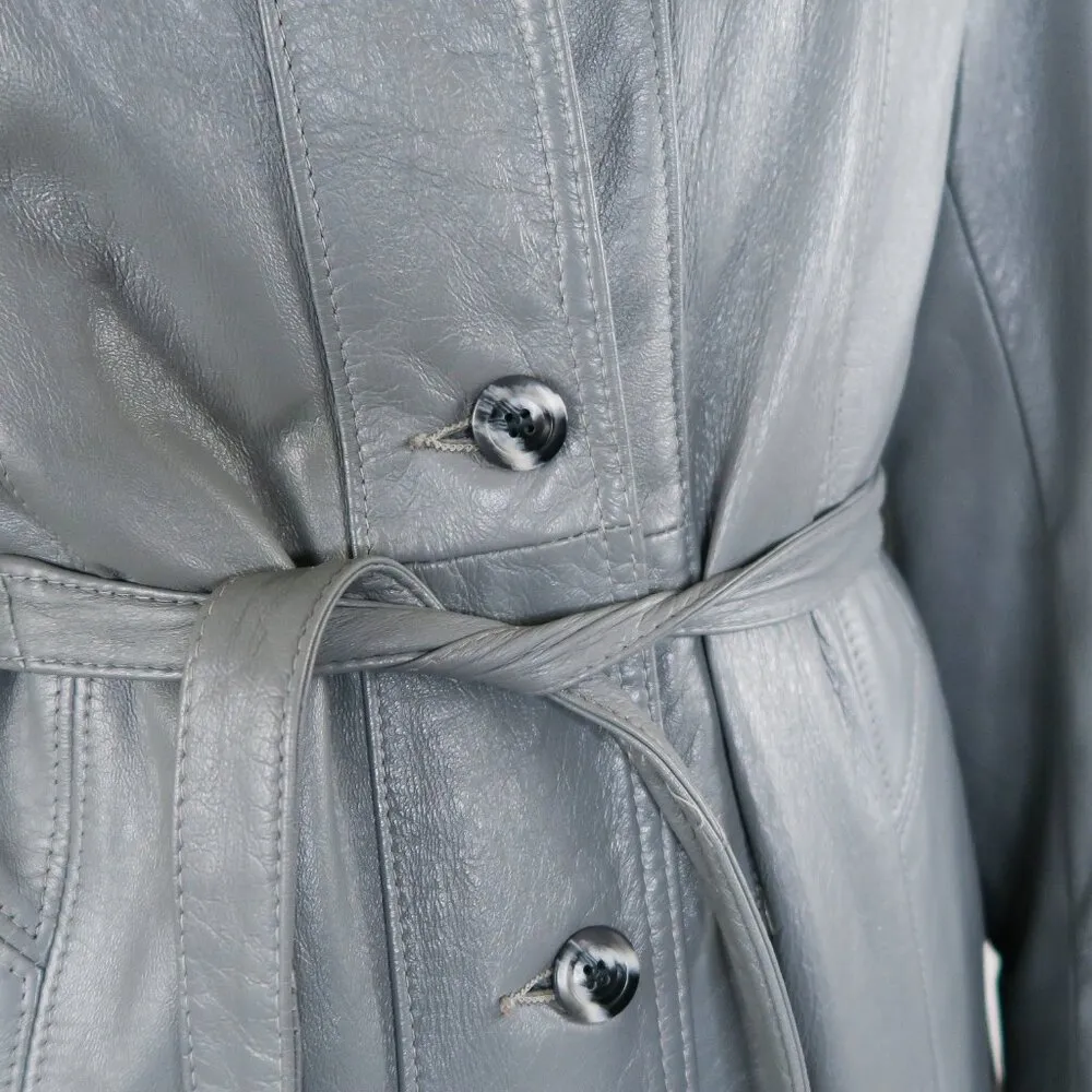 Vintage 70s Reed Sportsman Grey Leather Belted Trench Coat Size M - Image 4