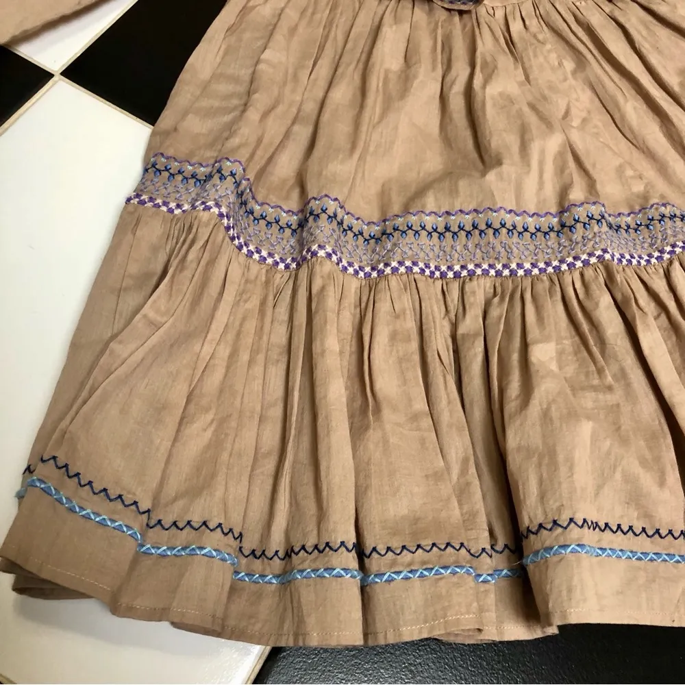 Something Navy Jolie Long Sleeve Ruffle Mini Dress Tiered Embroidered Tan Purple - Image 5