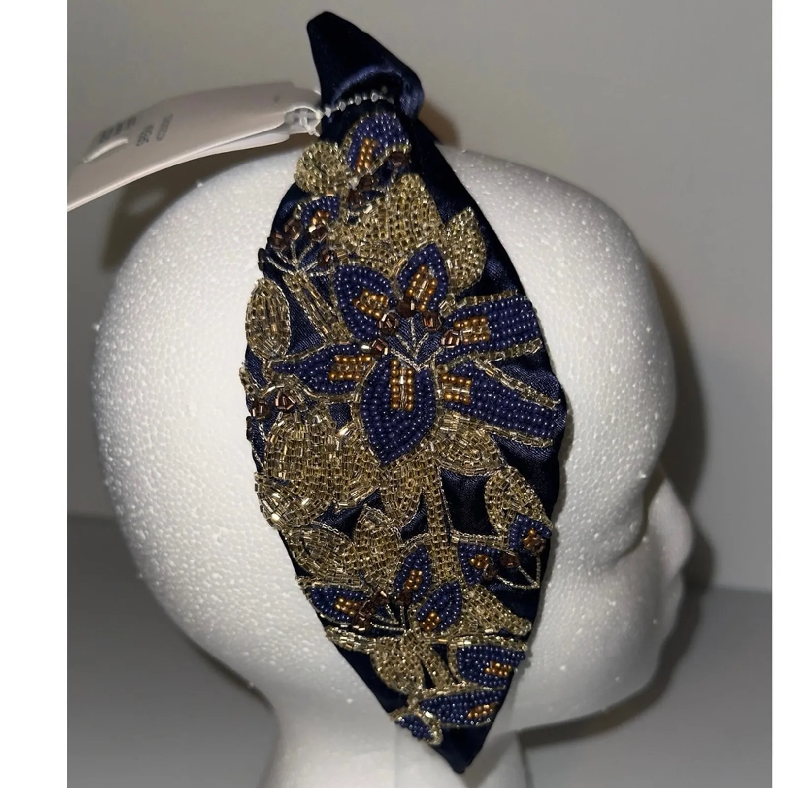 Embellished Beaded Floral Knot Headband Navy Blue Gold Women Hair Accessory NWT - Image 3