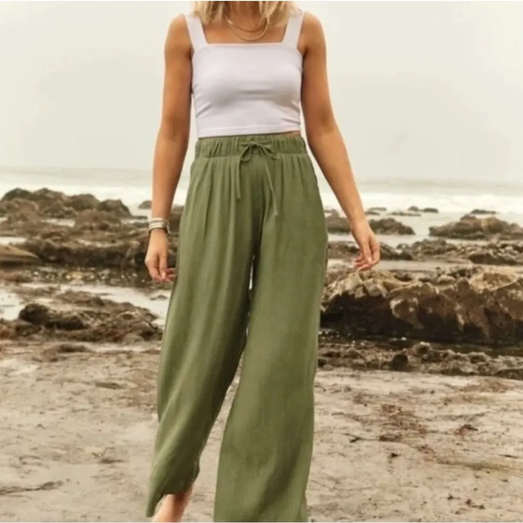 Abercrombie & Fitch Green Crinkle Drawstring Wide Leg Pants Relaxed Fit M - Image 2