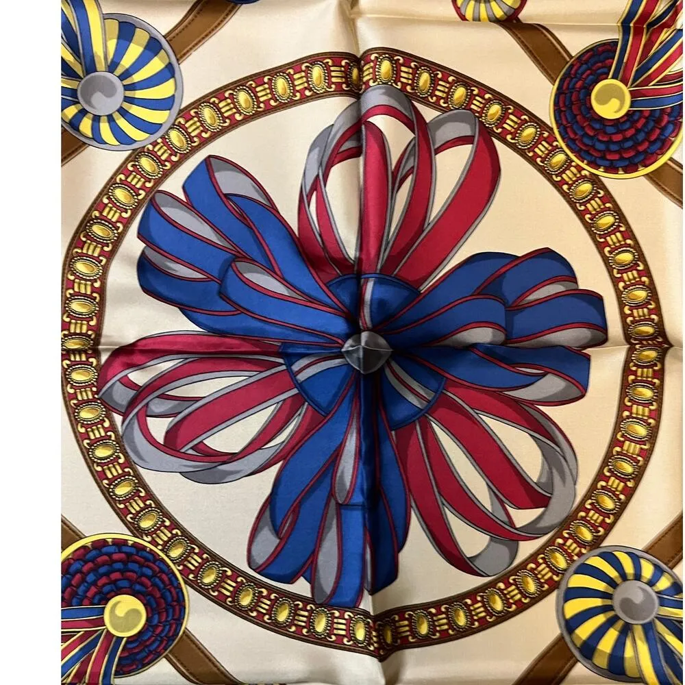 Longchamp Square Silk Scarf Ribbon Design Navy Border 90x90 cm 35x35 inches - Image 9