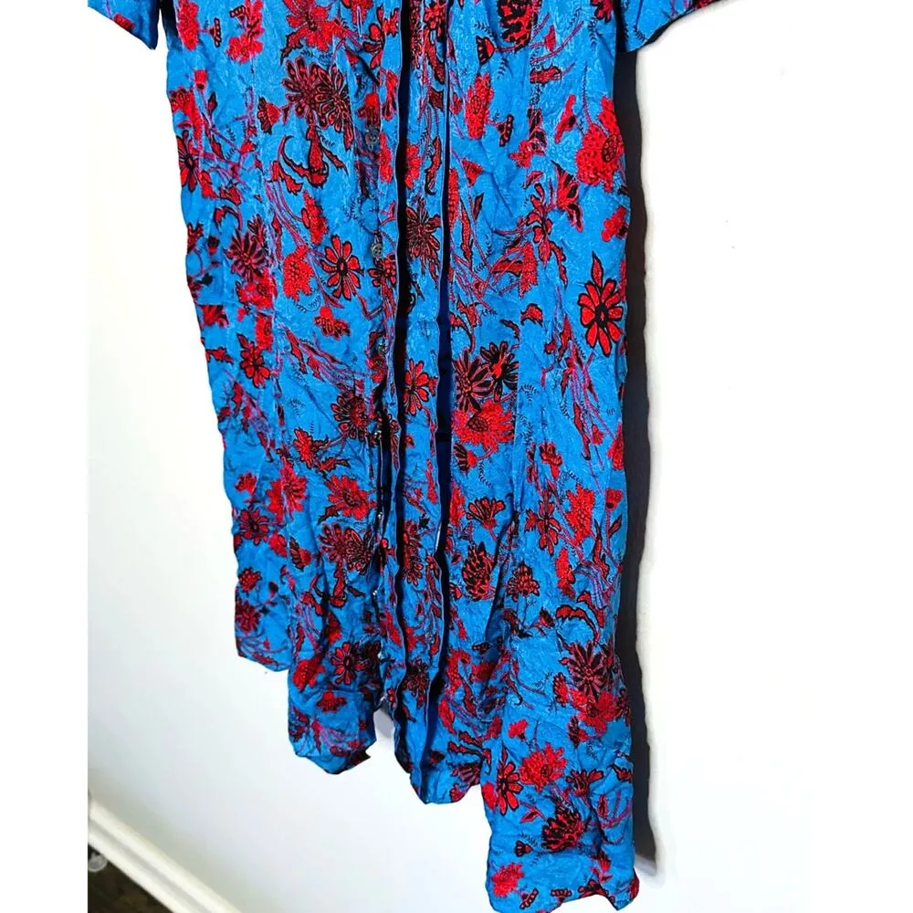 Derek Lam Blue & Red Floral Print Button Front A-Line Shirt Dress Size 4 - Image 9
