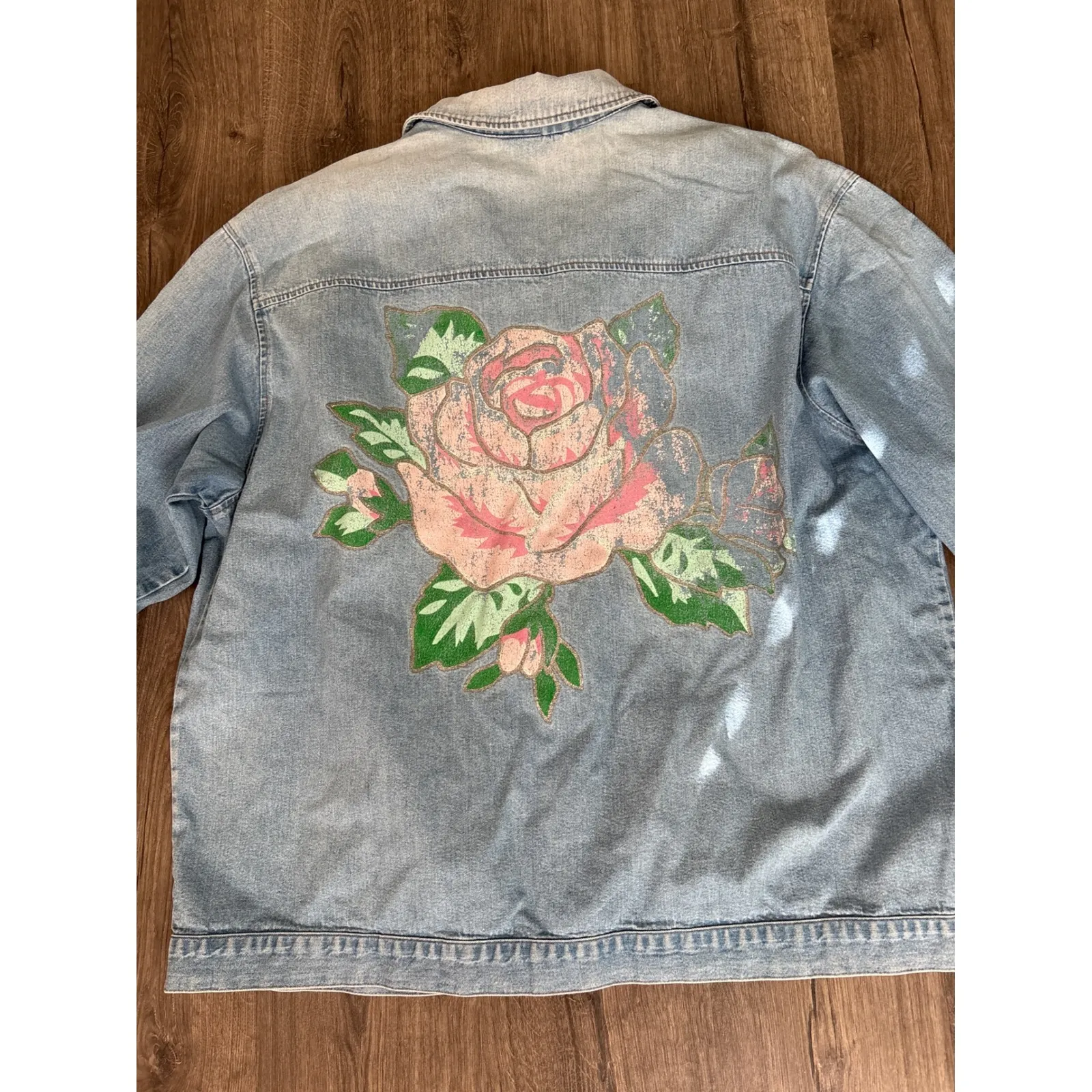 Vintage 80s Hunter Run Denim Jacket Rose Hand Painted Women 20W Made In USA Blue - Image 5