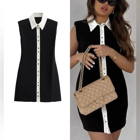 Zara NWT sleeveless crepe mini dress white trim contrast, collard button front - Image 2