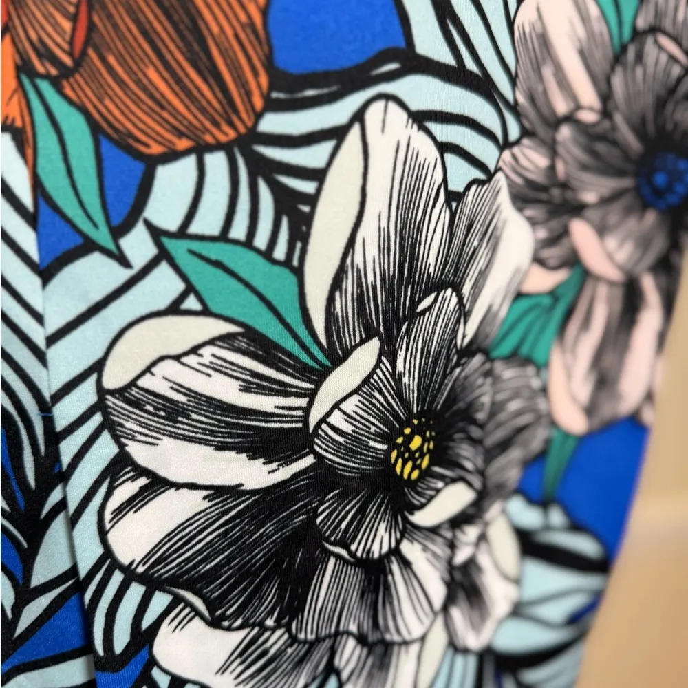 Modest Large NYCC Blue Floral Tropical Leaf Print Stretch Pencil Skirt Retro Mod - Image 7