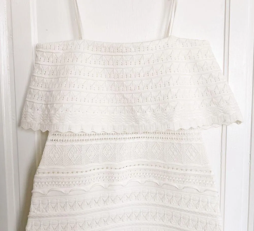 MILLY • Ruffle Yoke Pointelle Short Dress cream sweater knit bodycon frill lace - Image 8