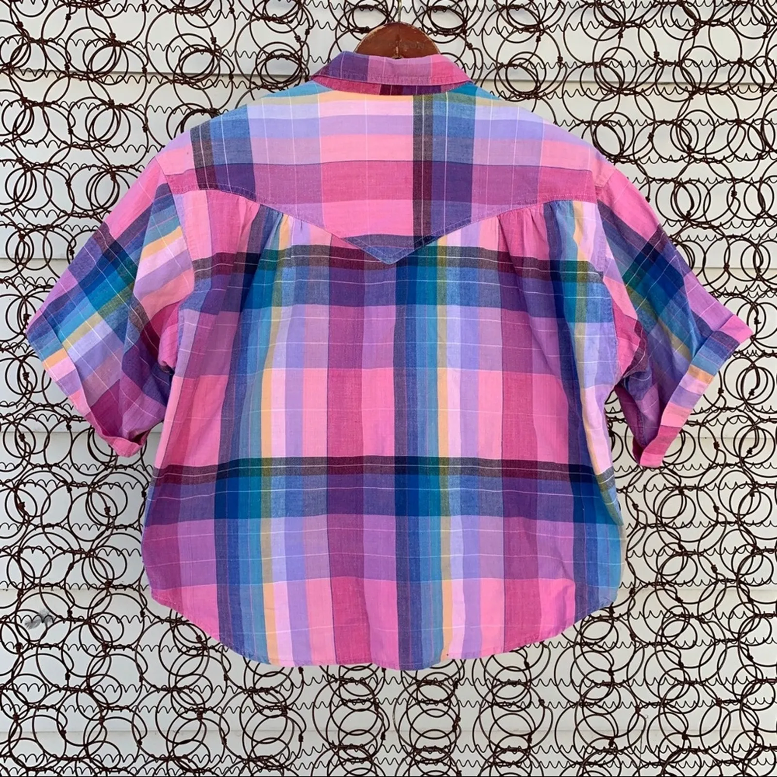 Vintage Heshy pink plaid shoulder pad button up short sleeve shirt blouse LARGE - Image 7