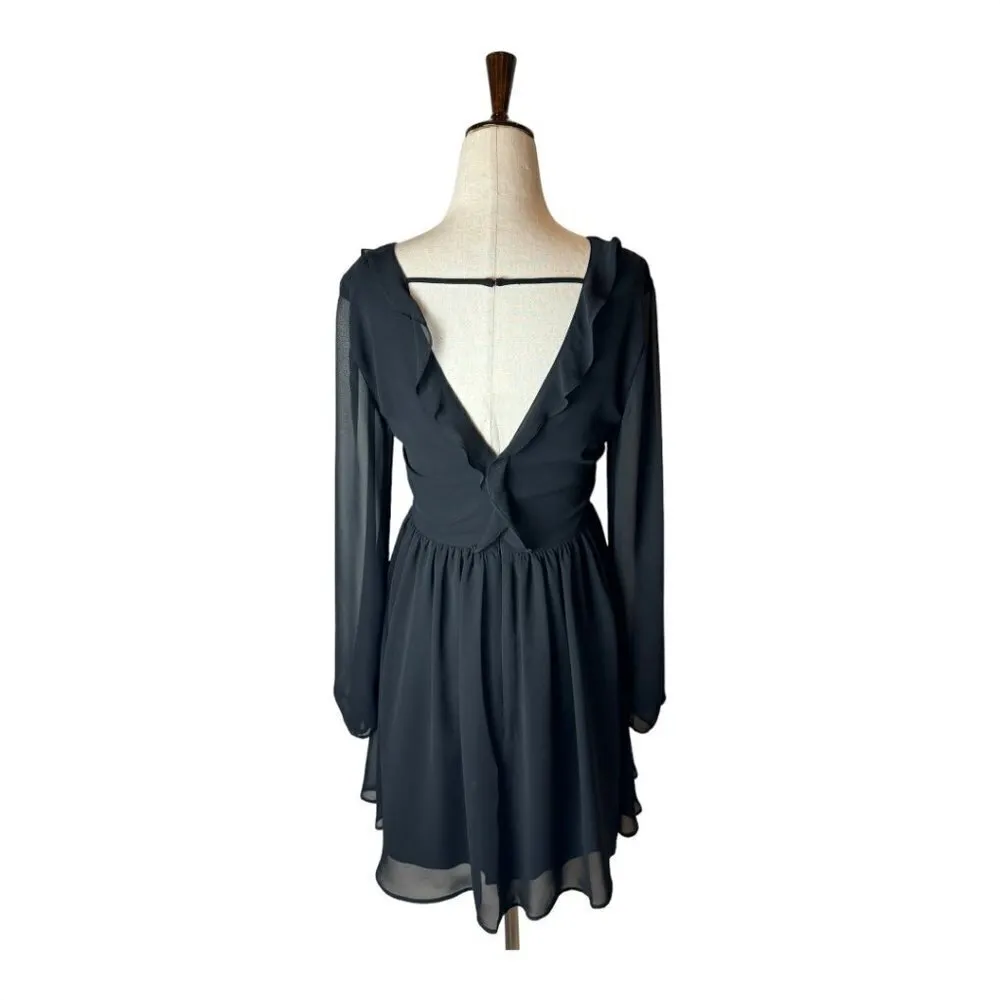 Express Black Ruffle V Neck Long Sheer Sleeve Fit‎ And Flare Mini Dress Size 2 - Image 2