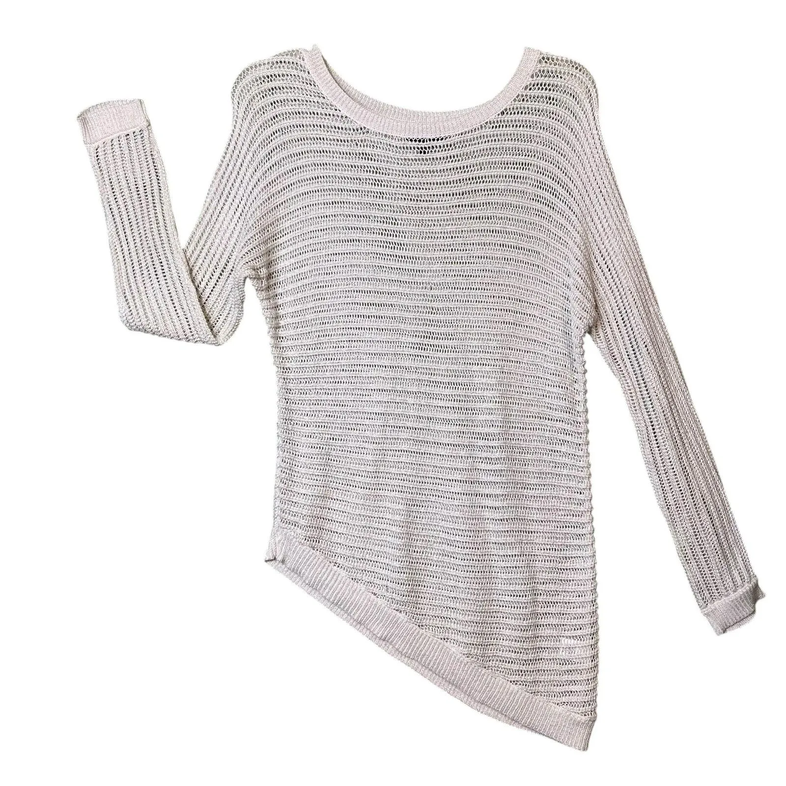 APT. 9 Sweater Womens Small Ivory Asymmetrical Hem Open Knit Tunic Top Metallic - Image 2