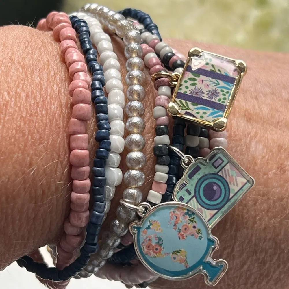 Beaded stretchy charm bracelets travel vacation themed pink blue white floral - Image 3