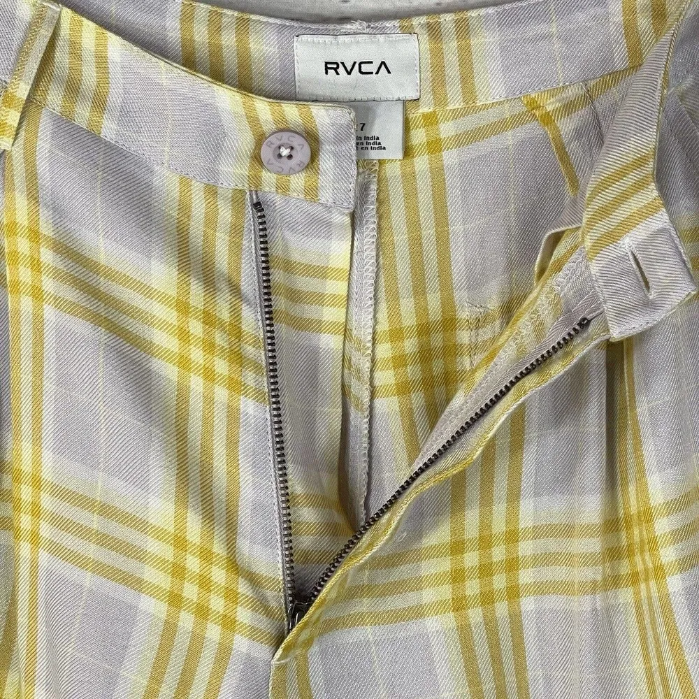 RVCA SZ 27 Downer Shorts Yellow Plaid Pleated Front Pockets High-Rise Zip-Fly - Image 3