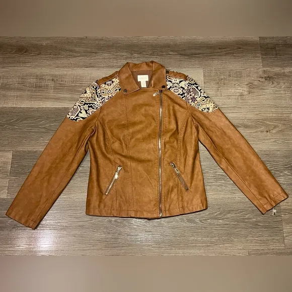 Chico’s Petite Faux-Leather Jacquard Moto‎ Jacket Size Small Southwestern - Image 4