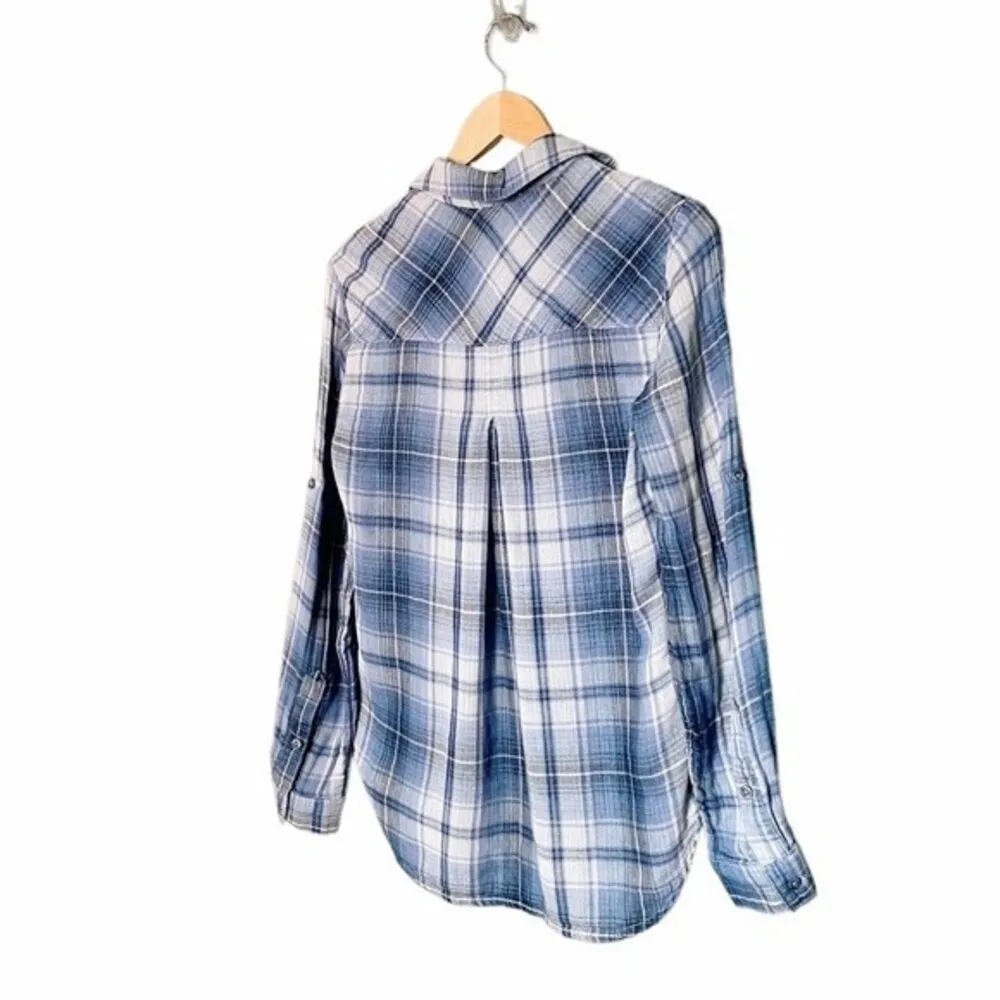 Cloth & Stone Plaid Henley Crinkle Cotton Roll Tab Sleeve Blue Women’s Size XS - Image 6