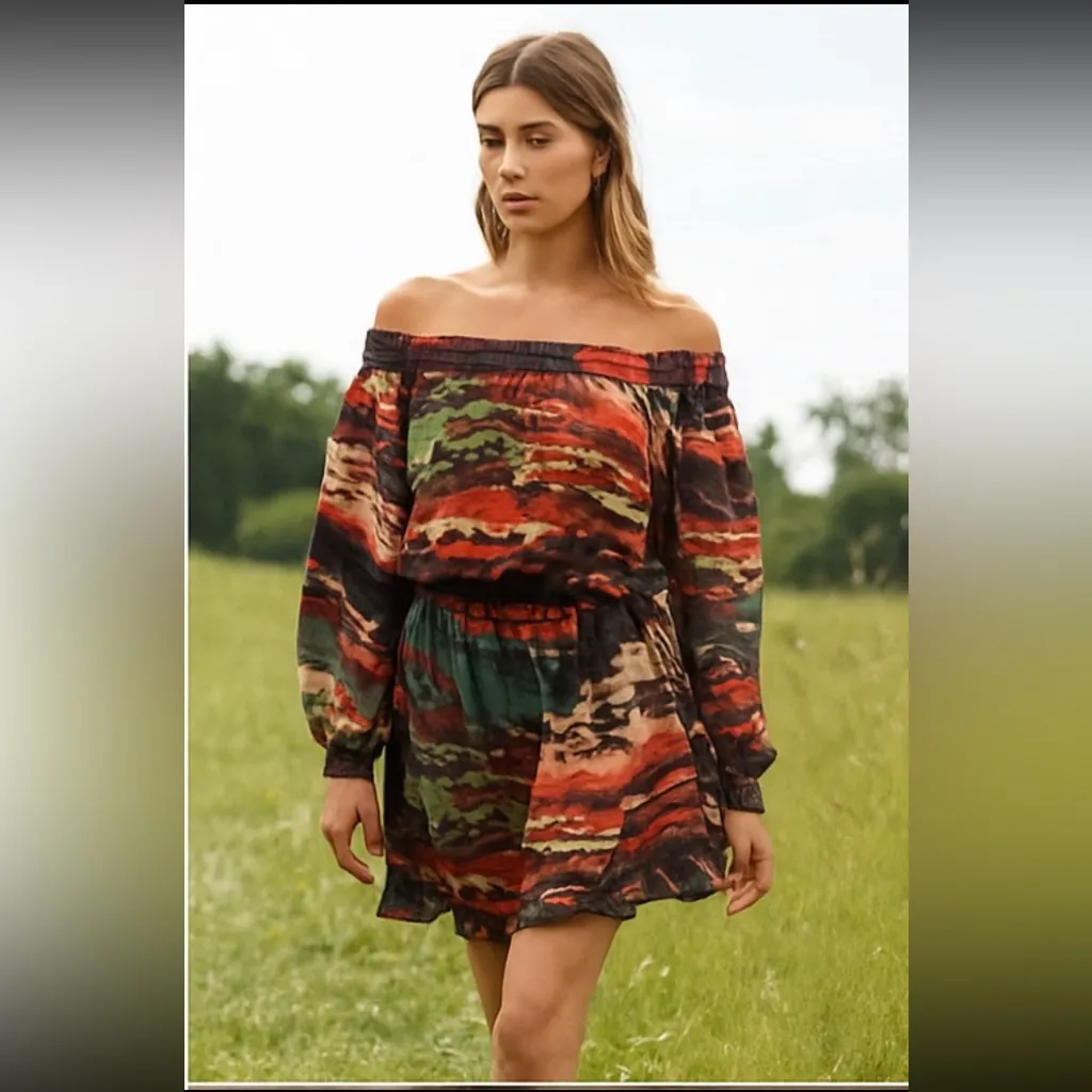 NEW R Cinco Ranch Off Shoulder Abstract Print Elastic Waist Dress S Boho Red - Image 6