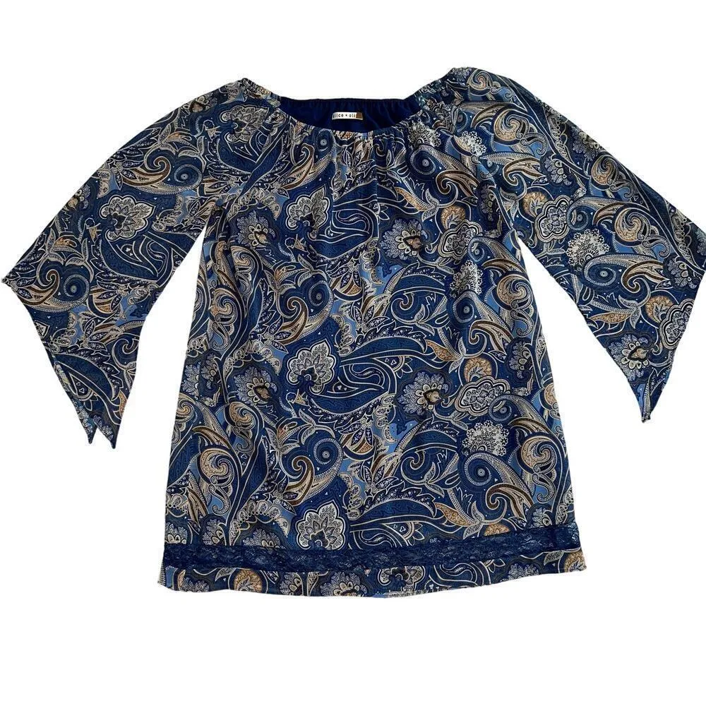 Alice + Olivia Cari Sheer Paislry Blue Off Shoulder Gypsy Sleeve Dress Size S - Image 8