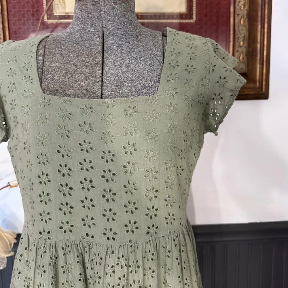 ROOLEE Olive Green Flutter Sleeve Eyelet Dress ~ Size Small 💚🍄 - Image 2