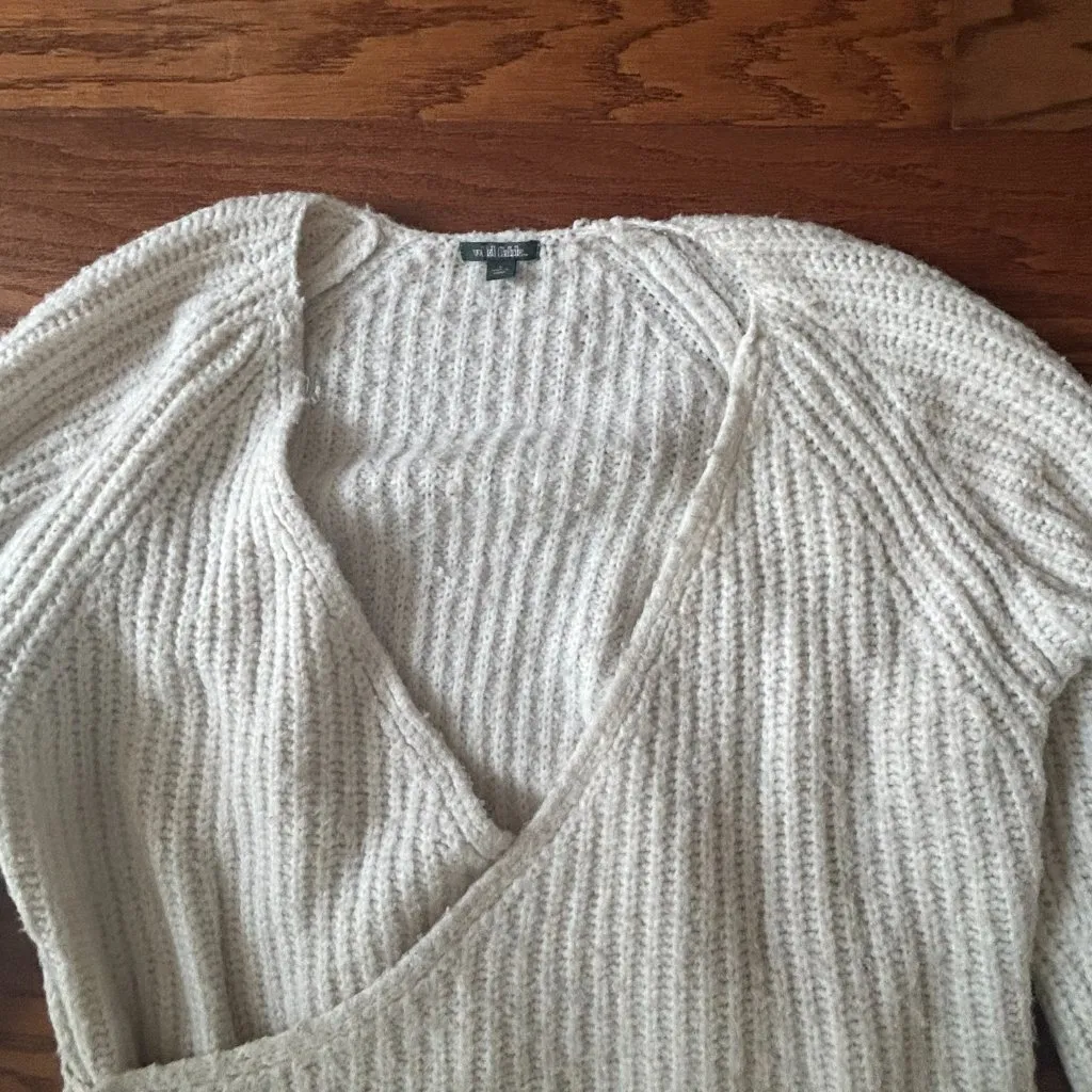 Wild Fable Wrap Sweater Pointelle Sleeves V Neck Ivory Size Small Chunky Knit - Image 7