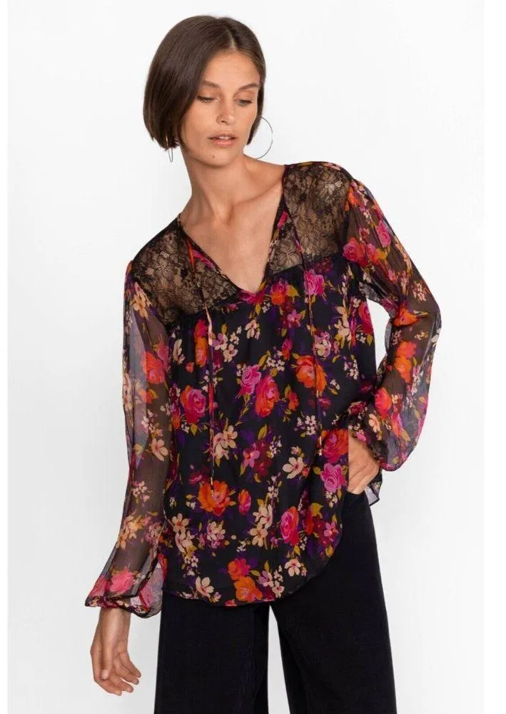 Johnny Was Black Floral Lace Blouse Sheer Long Sleeve Bohemian Peasant Top Small - Image 3