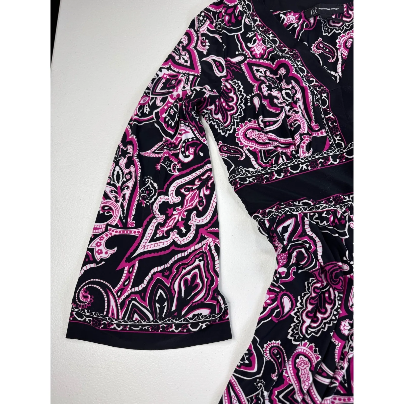 Paisley Print Dress‎ V Neck 3/4 Sleeve Stretch Comfortable Casual Day Party Black - Image 8
